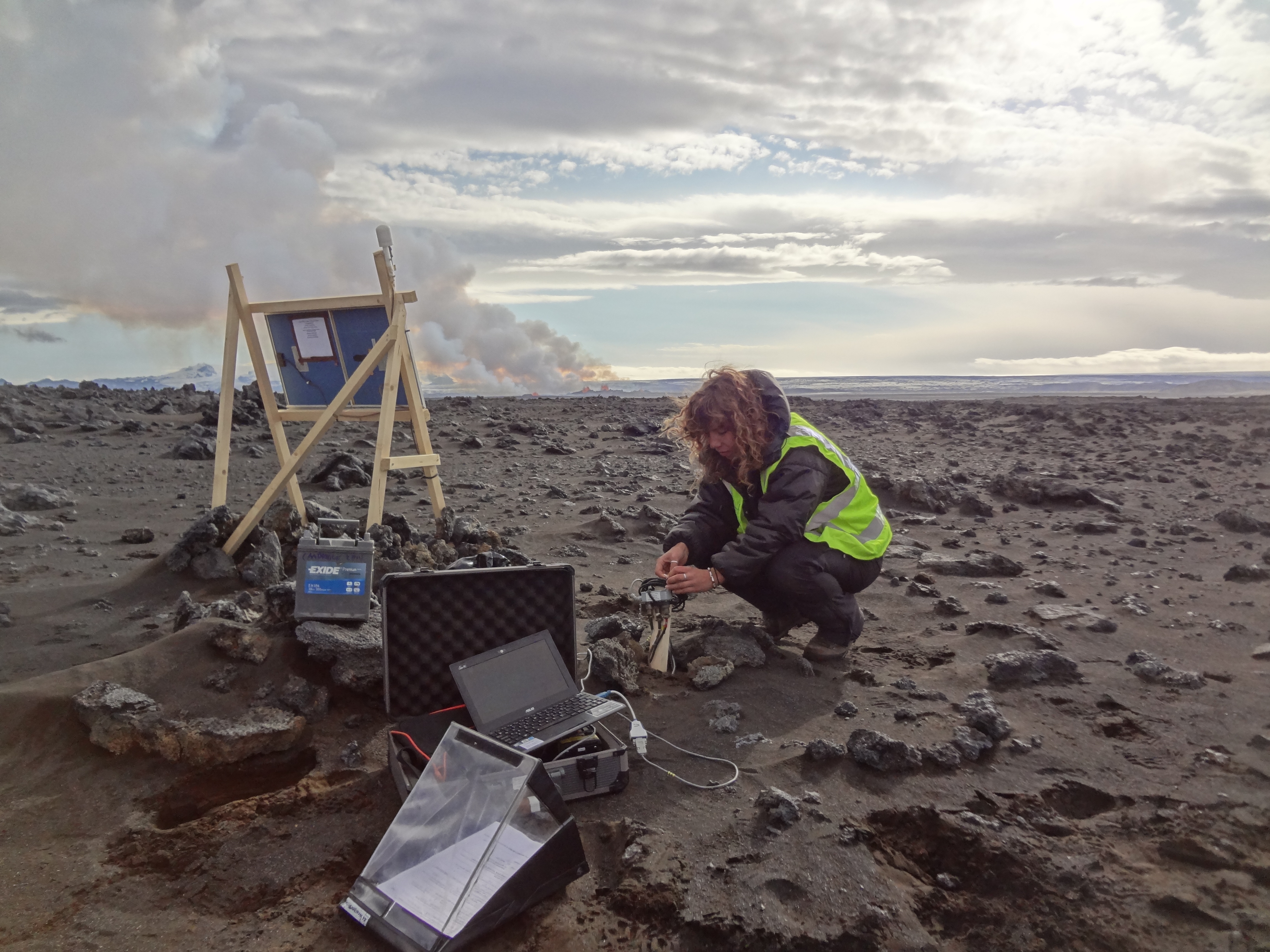 Servicing an instrument near the fissure eruption site